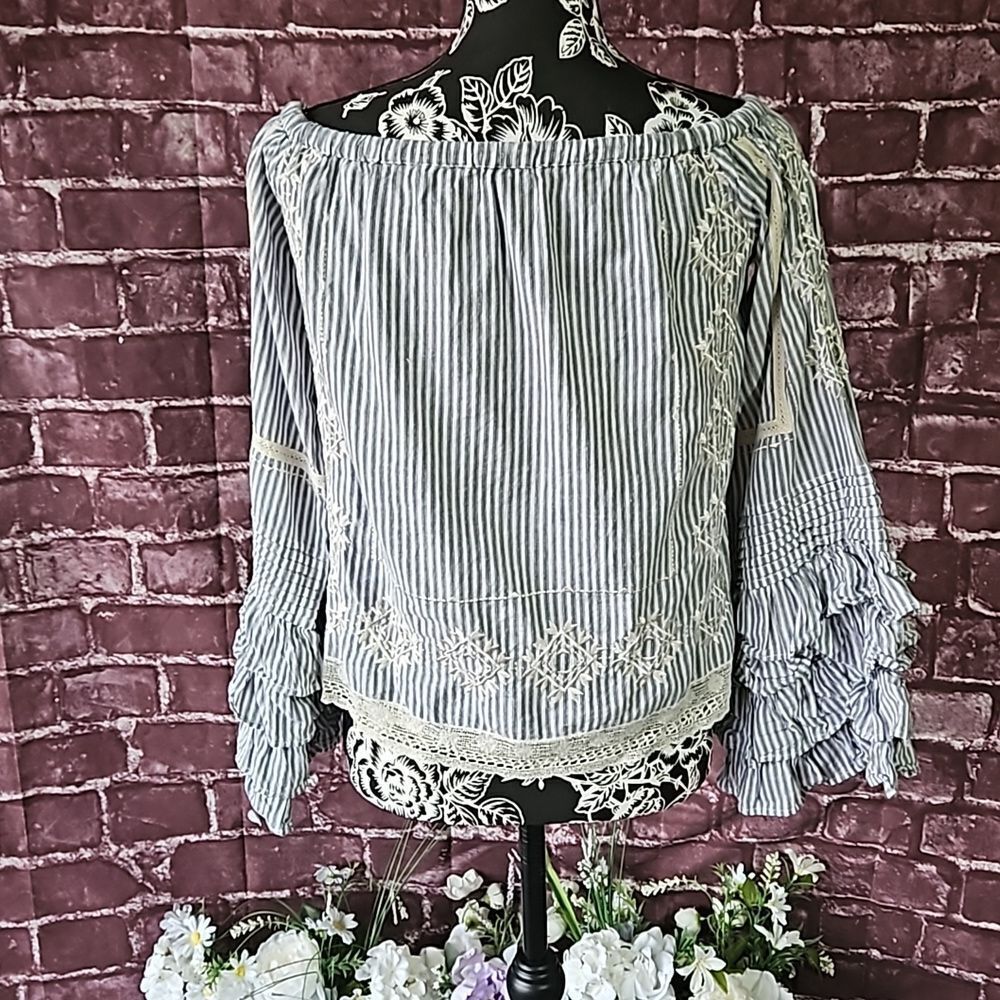 Love Sam Off Shoulder,Pinstriped,Boho Embroidered Top with Layered Cuffs - Picture 7 of 11
